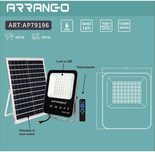 Arrango Στεγανός Ηλιακός Προβολέας LED 150W Ψυχρό Λευκό 6500K με Αισθητήρα Κίνησης, Φωτοκύτταρο και Τηλεχειριστήριο IP65