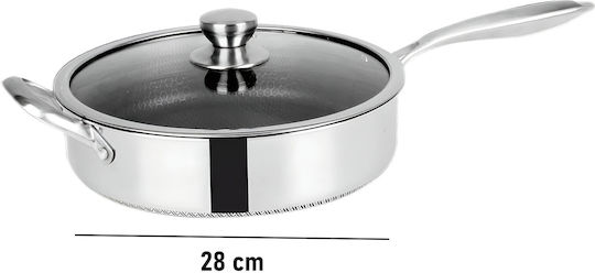Cheffinger High-edge Frying Pan 28cm Honeycomb Coating Long Handle Lid Silver