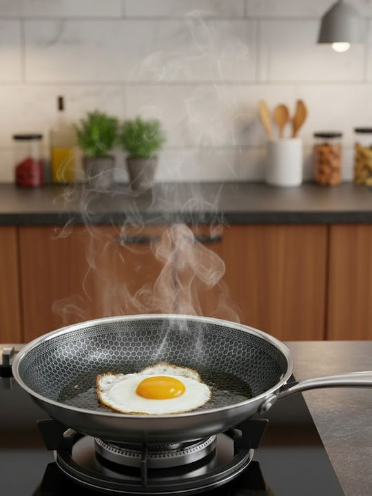 Cheffinger 24cm Frying Pan Honeycomb Coating Long Handle Silver