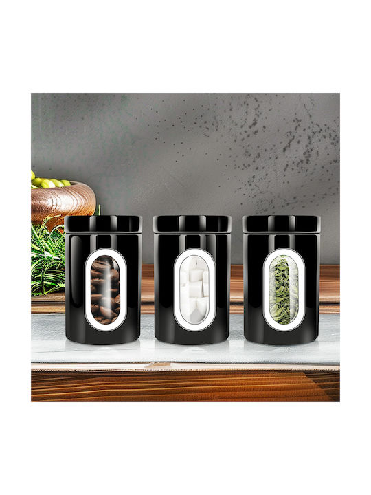 Cheffinger Set 3 Stackable Boxes Coffee Sugar Transparent Window Airtight Black