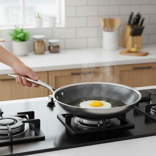Cheffinger Wok 32cm Cu Strat Tip Fagure Mâner Lung Argintiu