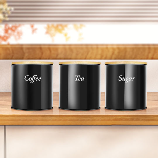 Cheffinger Set 3 Stainless Steel Boxes Bamboo Lid Coffee Sugar Tea Black Brown Cheffinger Set 3 Stainless Steel Boxes Bamboo Lid Coffee Sugar Tea Black Brown