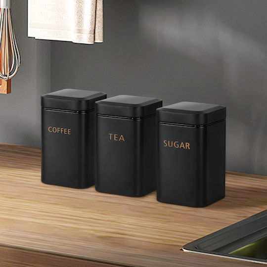 Cheffinger Set 3 Boxes Tea Coffee Sugar 9x14.5cm Airtight Black Cheffinger Set 3 Boxes Tea Coffee Sugar 9x14.5cm Airtight Black