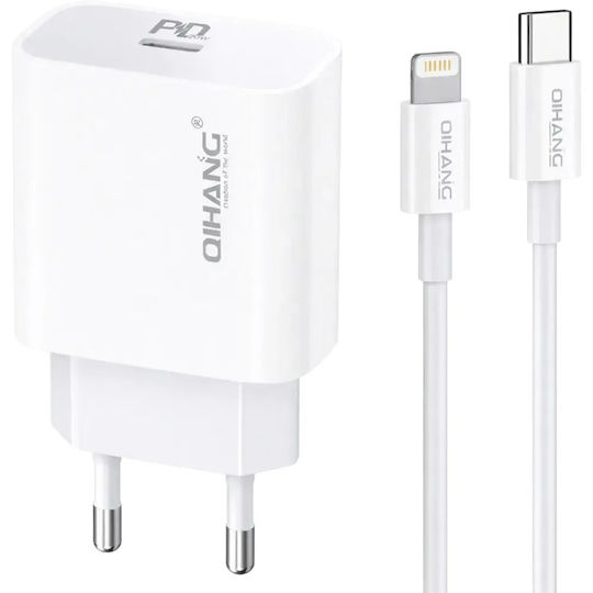 QIHANG Mobile Phone Charger With USB-C Port And USB-C - Lightning Cable 20W Power Delivery White (QH-Z61)