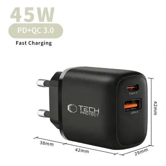 Tech-Protect Wireless Charger GaN With USB-A Output Port And USB-C Output Port 45W Power Delivery Black (NCA45W)