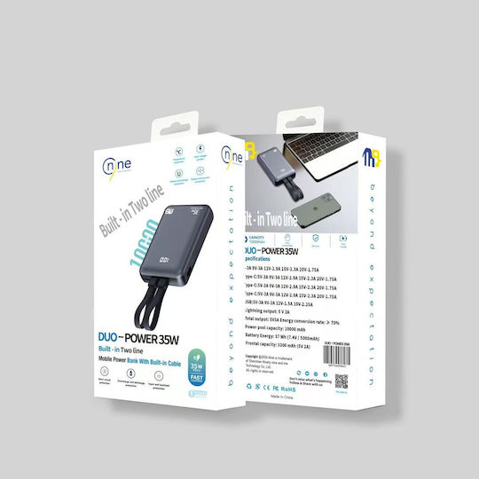 Nine Duo 35w Γρήγορη Φόρτιση Power Bank Καλώδια Type-c Lightning 10000mah Μαύρο