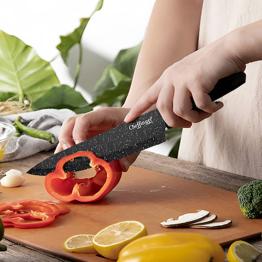 Cheffinger Set 4 Chef Kitchen Knives Marble Coating Sharpener Black