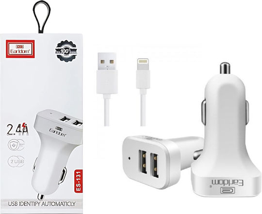 Earldom Es-131 Car Charger Ports 2xusb-a Lightning Cable 2.4a