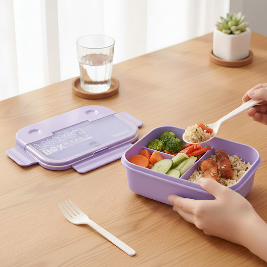 Cheffinger 700ml 3-compartment Food Container Spoon Fork Purple