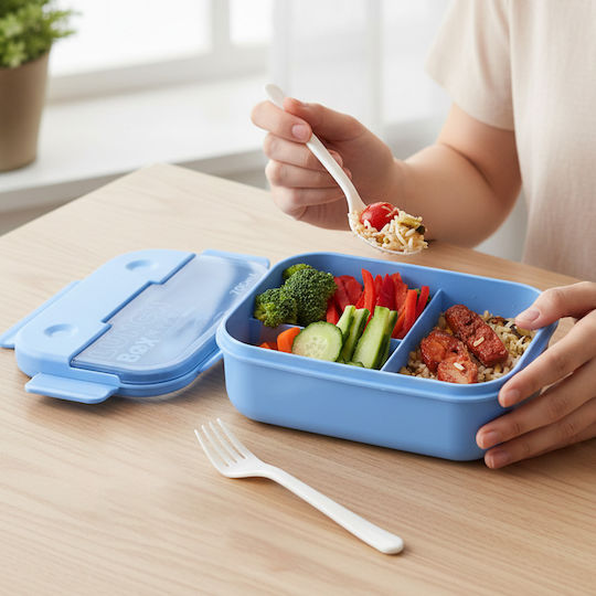 Cheffinger 700ml 3-compartment Food Container Spoon Fork Blue
