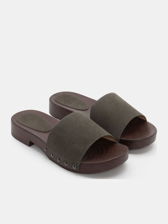 Fără toc Suede Mule în Culoare Kaki