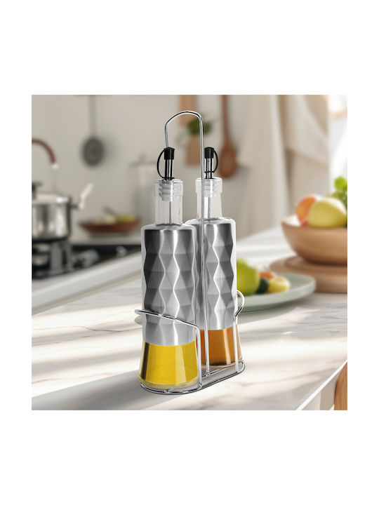 Cheffinger Sticle din Oțel Inoxidabil și Sticlă pentru Ulei și Oțet 2x320ml Suport Solid Argintiu