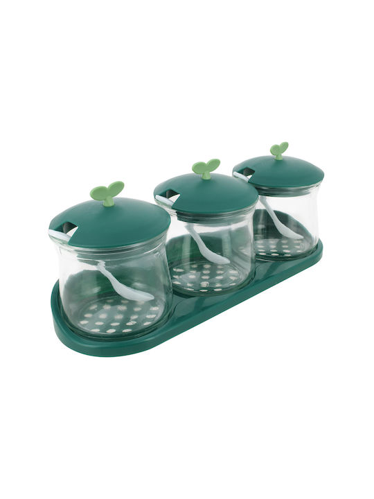 Cheffinger Set 3 Bucăți Borcane Pentru Condimente din Sticlă Capace din Plastic Suport Verde