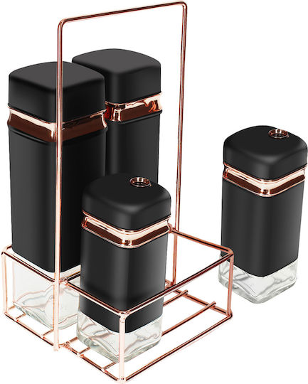 Cheffinger Set 4 Condiment Jars Solid Elegant Metal Stand Black