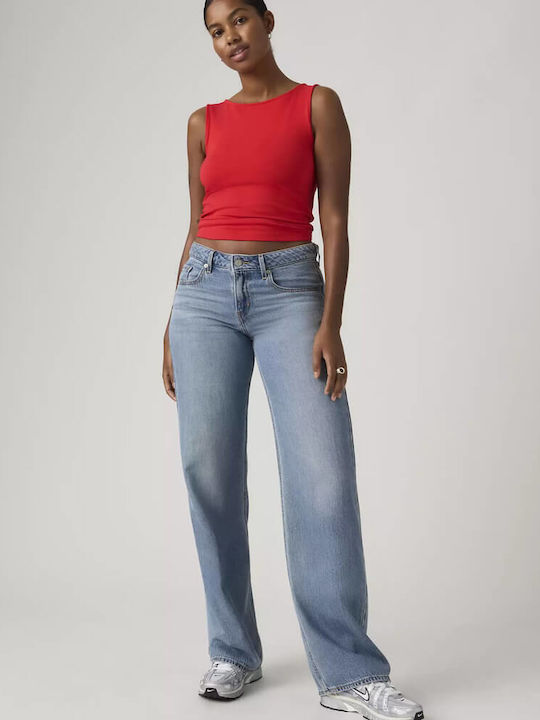 Low Waist Women's Jean Trousers in Loose Fit Medium Wash Blue