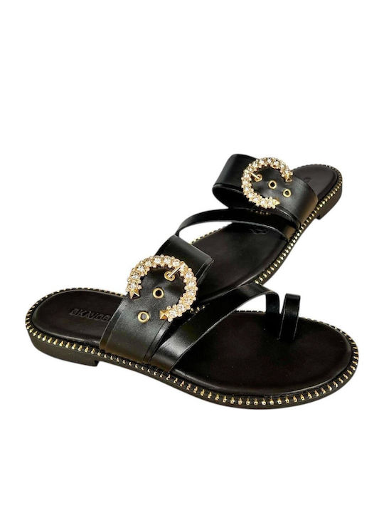 Leather Women's Flat Sandals in Black Color