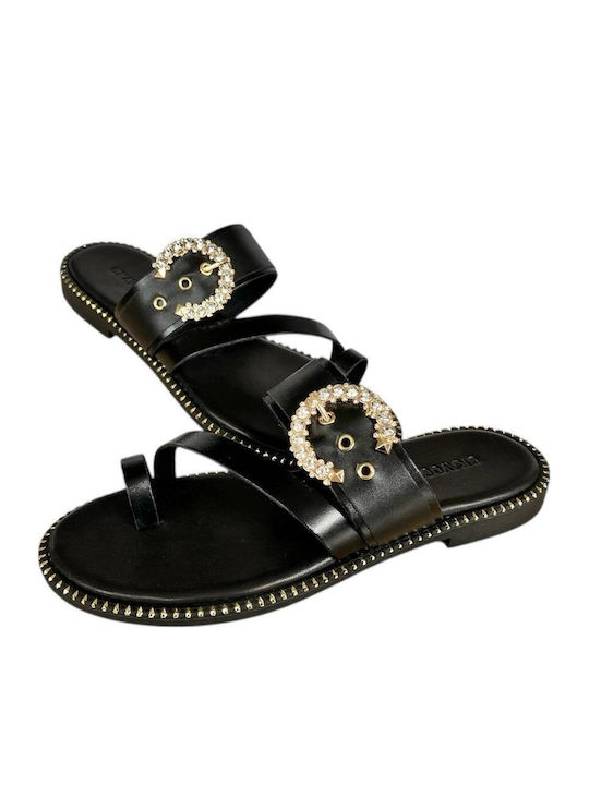 Leather Women's Flat Sandals in Black Color