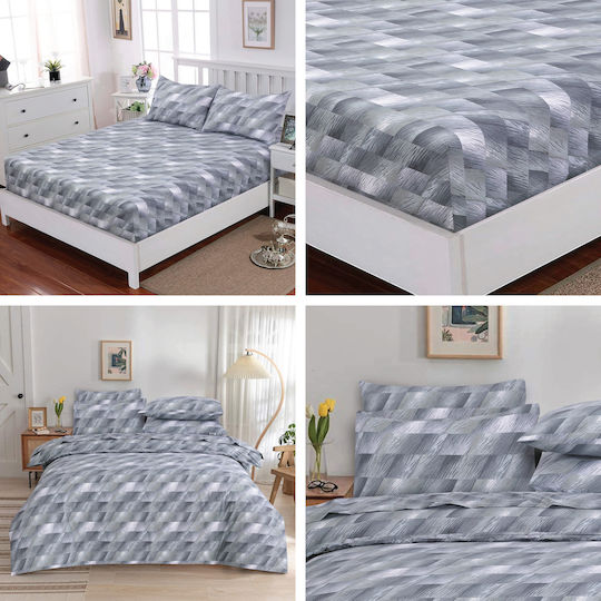 Casa Colori Grey Illus Σετ Σεντόνια Διπλά με Λάστιχο 140x200+30εκ. Γκρι (4τμχ)
