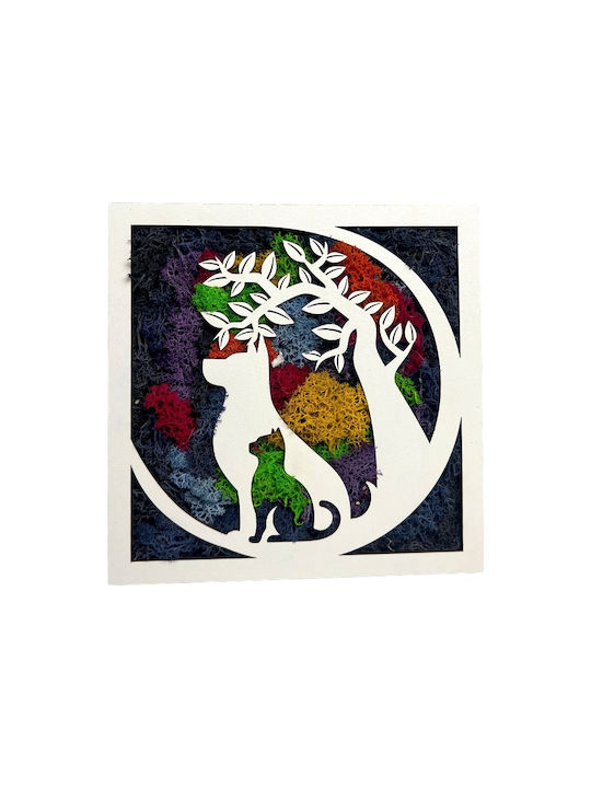 Tablou Decorativ Licheni Stabilizați Siluete Pisică Copac Viață 20x20 Cm Multicolor
