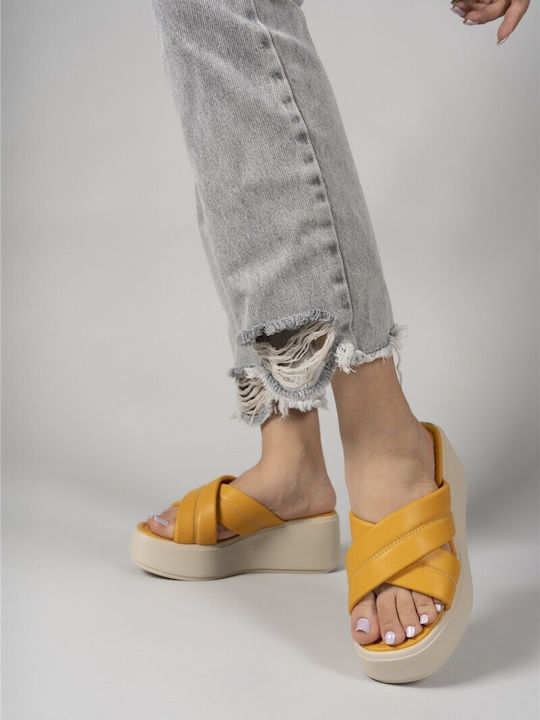Women's Leather Platform Wedge Sandals Yellow