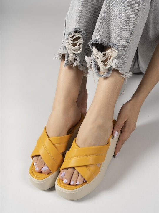 Women's Leather Platform Wedge Sandals Yellow