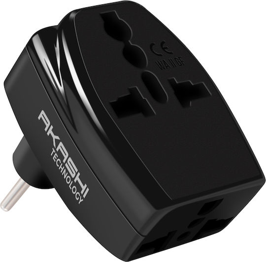 Akashi Travel Adapter Socket Type L Italy 3 Universal Outlets Black