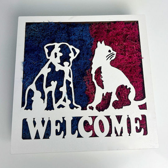Decorative Welcome Painting Stabilized Moss Animal Silhouettes 20x20 Cm Blue – Fuchsia