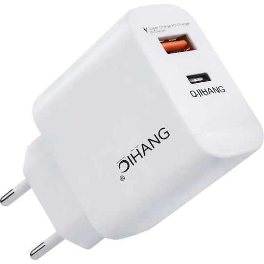 QIHANG Charger Without Cable with USB-A Port and USB-C Port 65W Power Delivery / Quick Charge 3.0 Whites (NC23-DE)