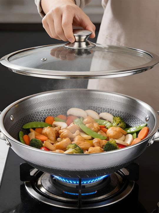 Cheffinger 36cm Wok Honeycomb Coating Scratch-resistant Lid Silver