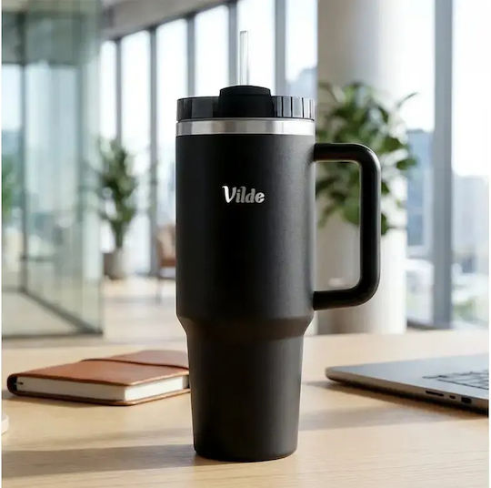 Vilde Handled Tumbler Θερμός Ανοξείδωτο 1.2lt Μαύρο με Καλαμάκι και Λαβή