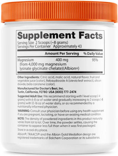 Doctor's Best Magneziu Glicinat cu Absorbție Ridicată 200mg 340g Fruit Punch