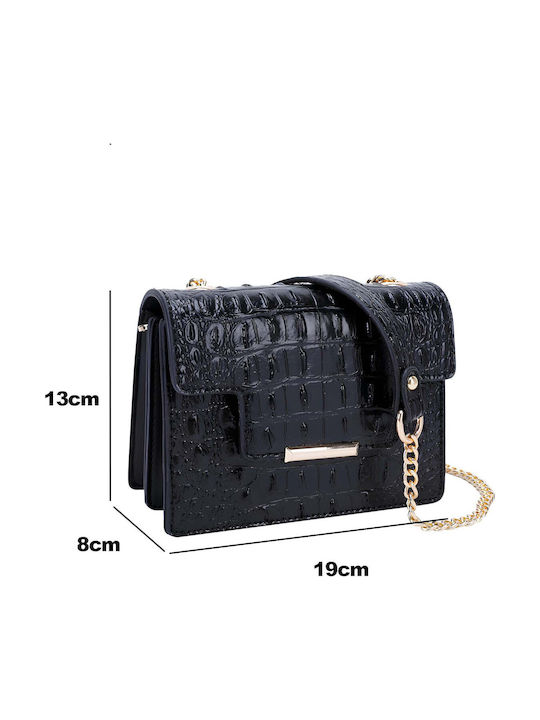 Avizar Women's Shoulder Bag Glossy Croco Effect Snap Button Closure Black