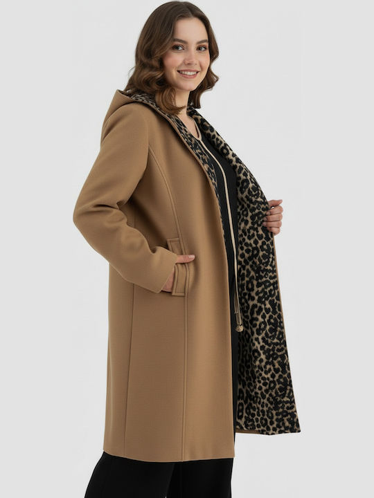 Femeie Leopard Camel Palton cu Glugă