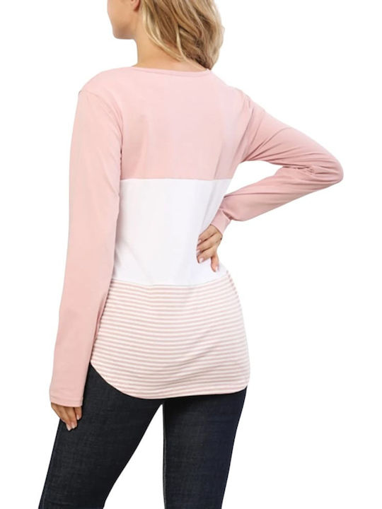 Pink-White Striped Long Sleeve Cotton Maternity Nursing Top Queen Mother Casual Regular Fit