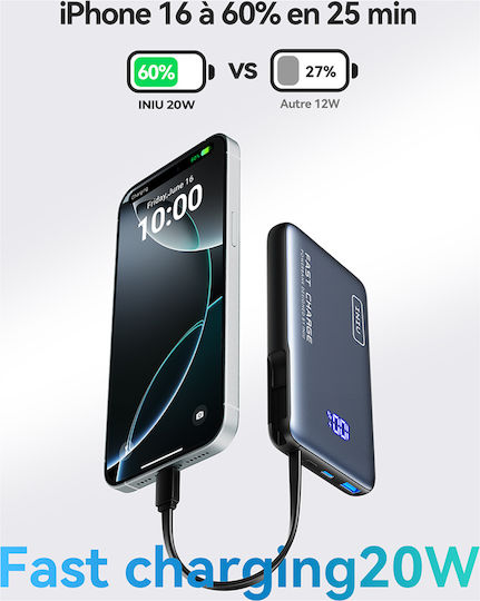 Iniu Power Bank 10000mAh 20W με Θύρα USB-A και Θύρα USB-C Μαύρο