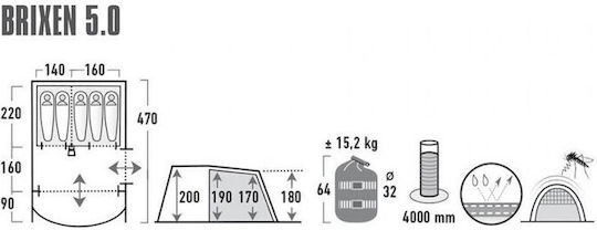 High Peak Brixen 5.0 Winter Camping Tent Tunnel Green with Double Cloth for 5 People 470x300x200cm