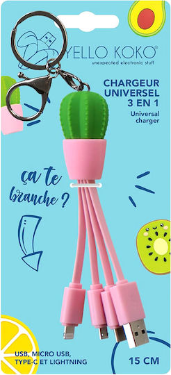 Yello Koko 3 In 1 Usb A Micro Usb Usb C Lightning Cable 0.15m Cactus Pink