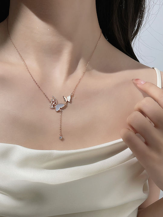 By Queen Κολιέ Butterfly 925 Φίλντισι Zircon Ροζ Gold
