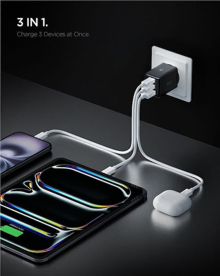 Spigen Ladegerät ohne Kabel GaN mit USB-A Anschluss und 2 USB-C Anschlüsse 47W Stromlieferung Schwarzs (Essential)