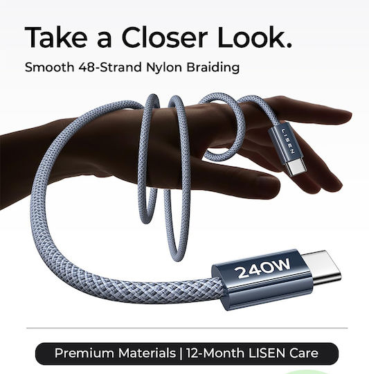 Lisen Braided USB 2.0 Cable USB-C male - USB-C 240W Blue 2m