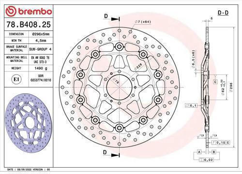 Brembo Εμπρόσθιος Δίσκος Φρένων Μοτοσυκλέτας 78b40825 – Πλωτός Διάτρητος 296 Mm