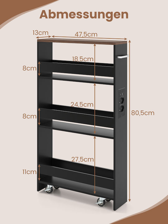 Costway Τρόλεϊ Κουζίνας Ξύλινο 3 Θέσεων Μαύρο 47.5x13x80.5cm