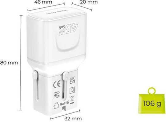 Mobile Origin Charger Without Cable GaN with 2 USB-C Ports 45W Power Delivery Whites (PW26)