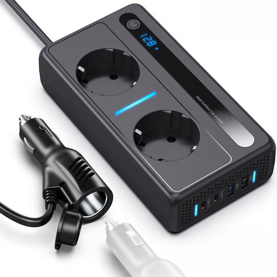 Invertor De Putere Auto 12/24 V Tensiune De Ieșire 220v Putere 300w 2 Prize Eu 2 Porturi Usb Qc3.0 2 Porturi Type-c 30w Încărcare Rapidă Afișaj Digital Conexiune Bricheta Protecție La Temperatură Negru