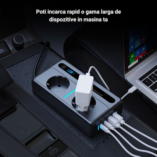 Invertor De Putere Auto 12/24 V Tensiune De Ieșire 220v Putere 300w 2 Prize Eu 2 Porturi Usb Qc3.0 2 Porturi Type-c 30w Încărcare Rapidă Afișaj Digital Conexiune Bricheta Protecție La Temperatură Negru