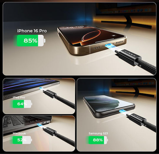 Lisen Braided USB 2.0 Cable USB-C male - USB-C 60W Μαύρο 1m 5τμχ