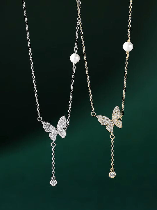 By Queen Κολιέ Butterfly Μαργαριτάρι Zircon Χρυσό