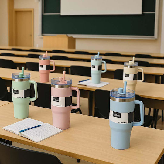 Excellent Houseware Excellent Houseware Plastic Thermos Bottle 1.2L Light Mint with Straw and Handle