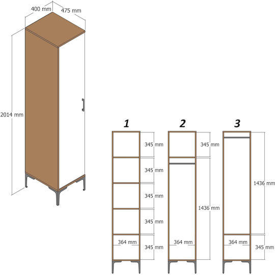 Narrow Wardrobe 1 Door with Mirror Interior Organization Walnut White 40×47.5×201.4 cm