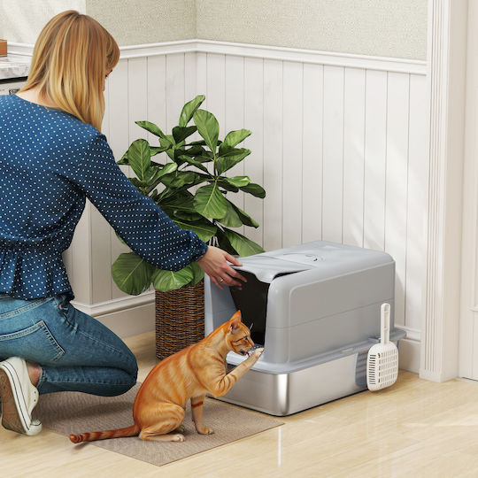 Pawhut Cat Toilet Stainless Steel Litter Box Filter Scoop Cats Up to 6 Kg 40.5 x 60.5 x 41.5 cm Gray Silver